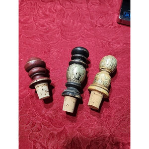 3 Wooden Carved Florentine Bottle Stoppers – Cork Bottoms